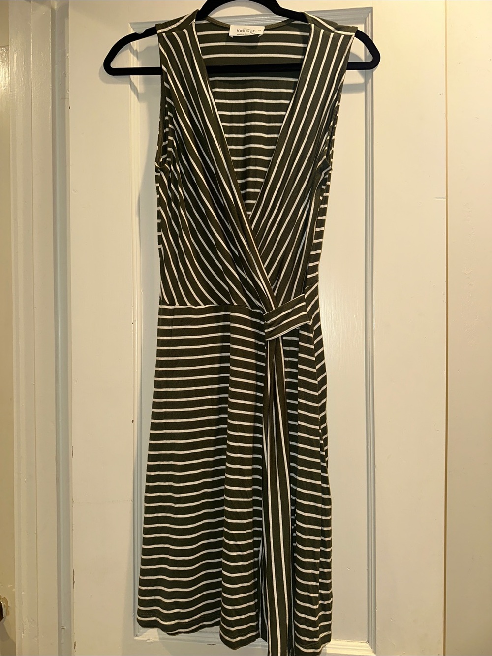 Kaileigh Olive and White Striped Sleeveless Midi Wrap Dress